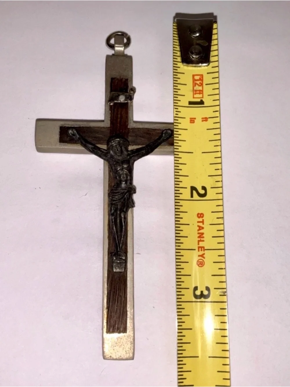 Vintage Italy Brown Enamel Crucifix Cross Pendant Catholic Silver Tone 3.5”